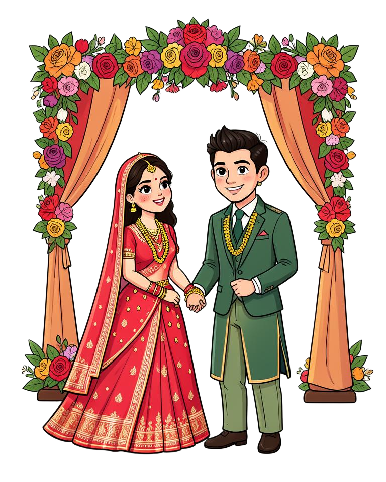 Illustration of the couple under a floral mandap