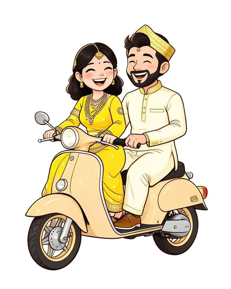 Illustration of the couple riding a scooter together